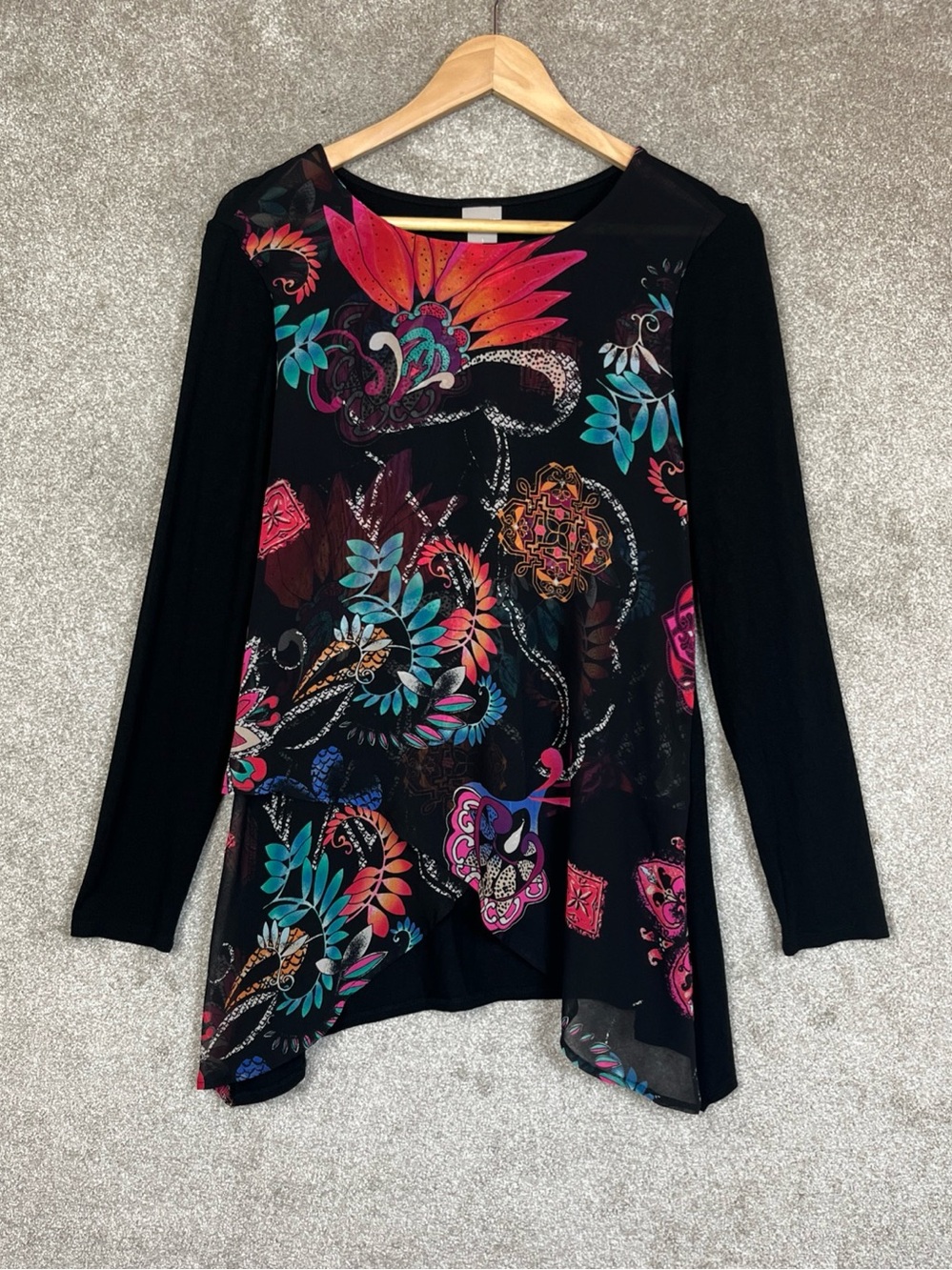 Chico's Tunic Womens 1 Black Floral Long Sleeve Stretch Pullover Blouse- 5343